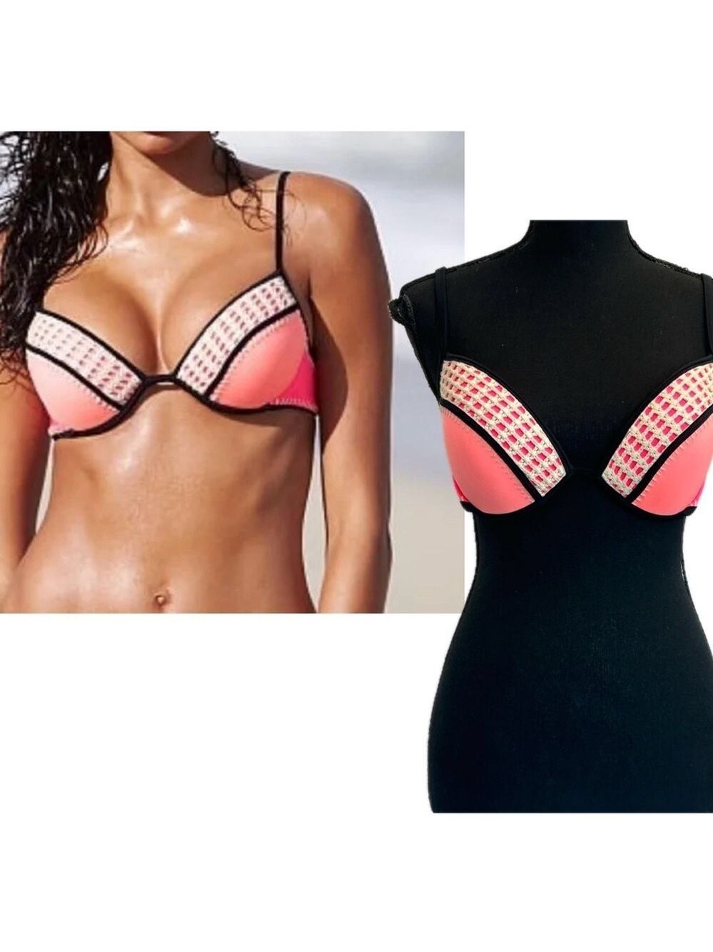 Victoria’s Secret peach neon hot pink colour block crochet sexy bikini top 34D